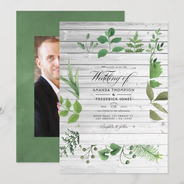 Invitación Boda de Greenery en un granero rústico de campo Fo (Anverso / Reverso)