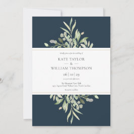 Invitación Boda de greenery moderno azul marino profundo