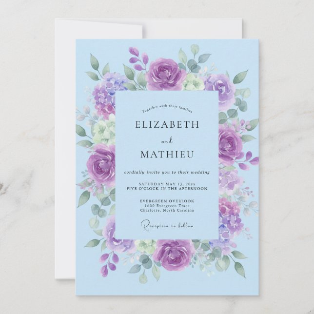 Invitación Boda de Greenery Violeta en Polvo (Anverso)