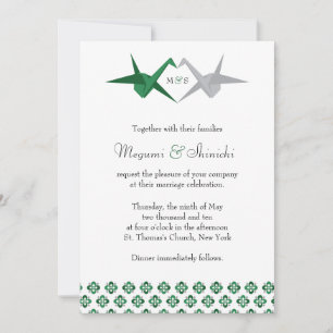 Invitación Boda de grullas de color verde / plateado