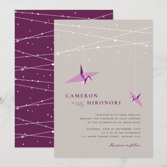 Invitación Boda de grullas de papel morado colgante y luces d (Anverso / Reverso)