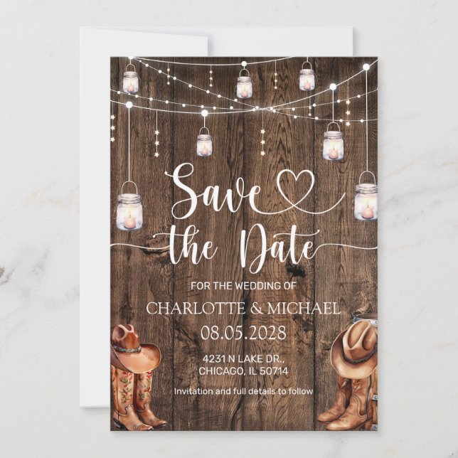 Invitación Boda de guardar fecha occidental rústica (Anverso)
