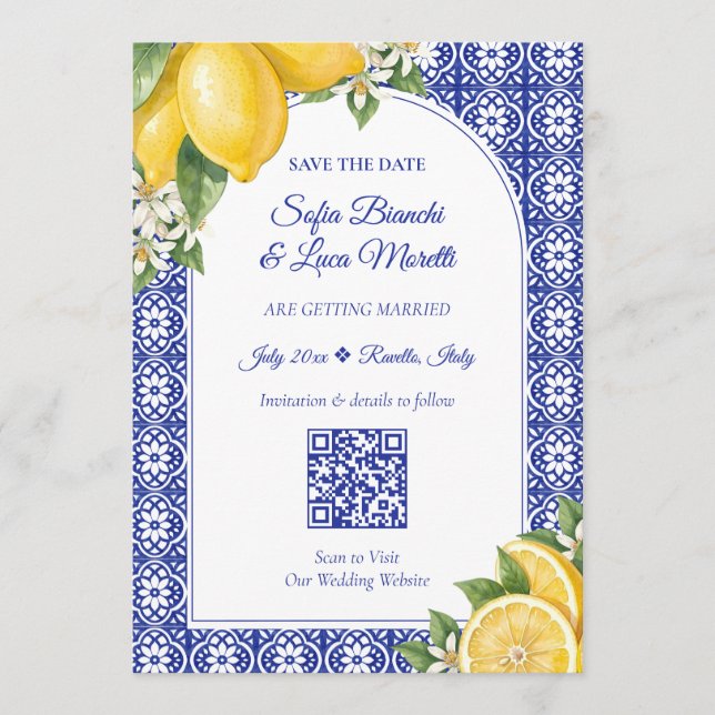 Invitación Boda de guardar la fecha con azulejo azul y limón  (Anverso)