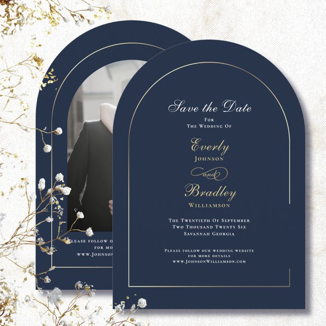 Invitación Boda de Guardar la Fecha de Arco de Oro Azul Marin (Subido por el creador)