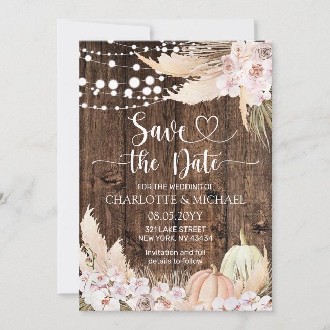 Invitación Boda de guardar la fecha de hierba de Pampas rústi (Anverso)