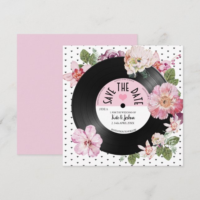 Invitación Boda de guardar la fecha de vinilo retro floral bo (Anverso / Reverso)