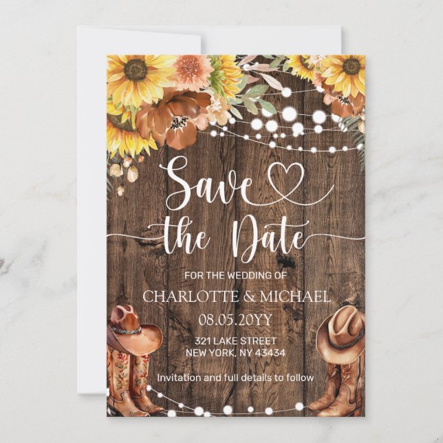 Invitación Boda de guardar la fecha del girasol occidental rú (Anverso)