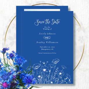 Invitación Boda de Guardar la Fecha Flor Silvestre Azul y Bla