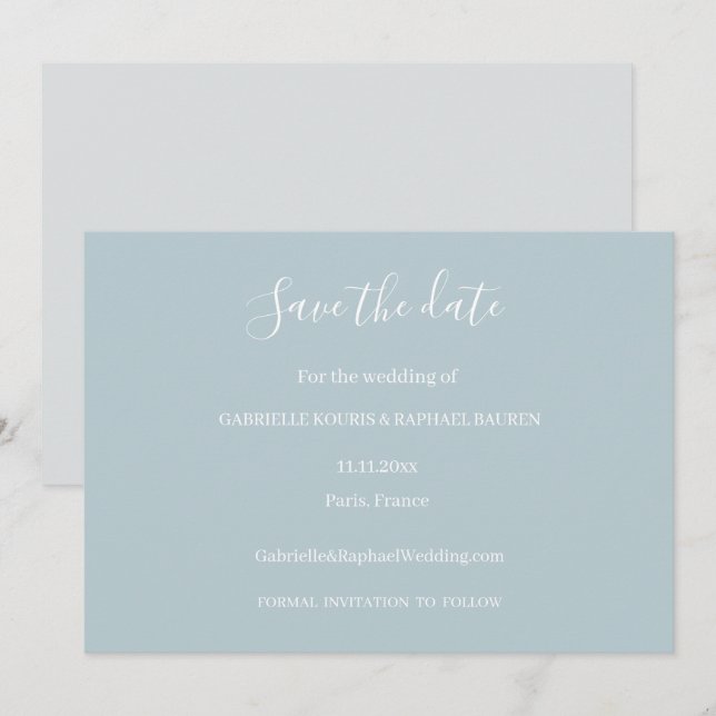 Invitación Boda de Guardar la Fecha Polvo Azul Gris y Blanco (Anverso / Reverso)