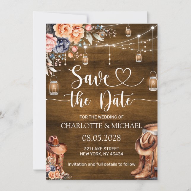 Invitación Boda de guardar la fecha rústica occidental (Anverso)