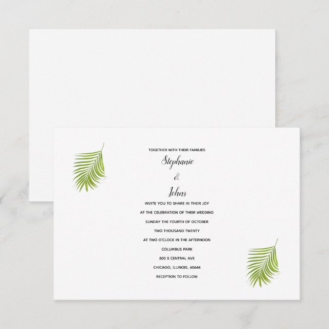 Invitación Boda de Guay moderno con hojas de palmera tropical (Anverso / Reverso)
