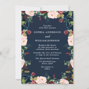 Invitación Boda de guerra floral de Rubor Indigo Borgoña