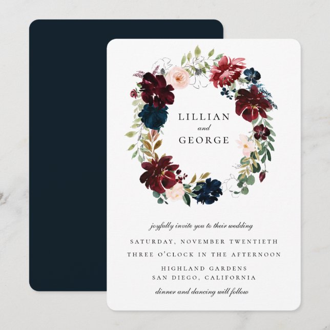 Invitación Boda de guerra floral Navy Burgundy Rubor (Anverso / Reverso)