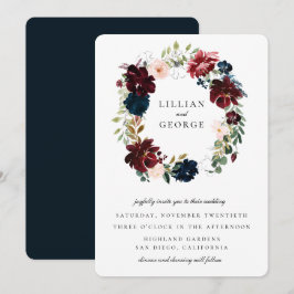 Invitación Boda de guerra floral Navy Burgundy Rubor
