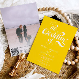 Invitación Boda de guión amarillo retro código Qr