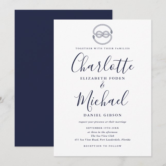 Invitación Boda de guión azul de la Marina Knot Nautical (Anverso / Reverso)