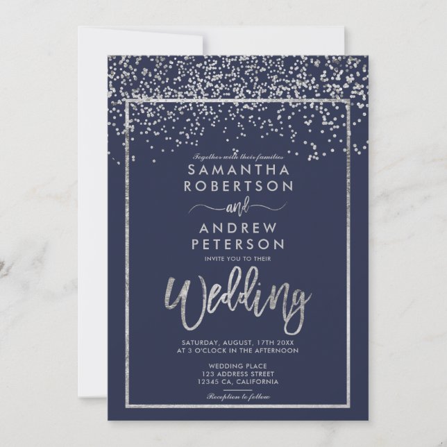 Invitación Boda de guión azul marino de confeti plateado (Anverso)