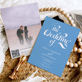 Invitación Boda de guión azul polvoriento retro código Qr