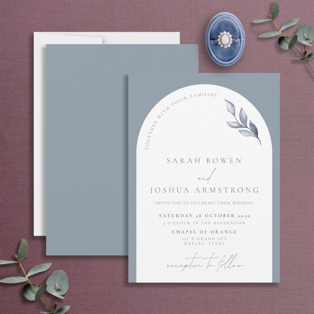 Invitación Boda De Guión Botánico De Arco Azul Polvo Moderno  (Subido por el creador)