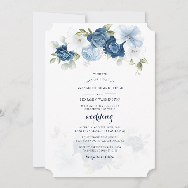 Invitación Boda de guión botánico Dusty Blue Floral (Anverso)
