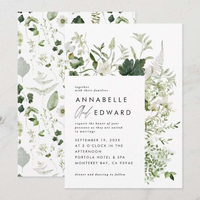Invitación Boda de guión botánico moderno elegante y verde (Anverso / Reverso)