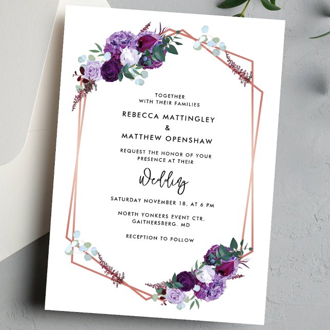 Invitación Boda de guión botánico morado floral (Purple Floral Geometric Script Wedding Invitation)