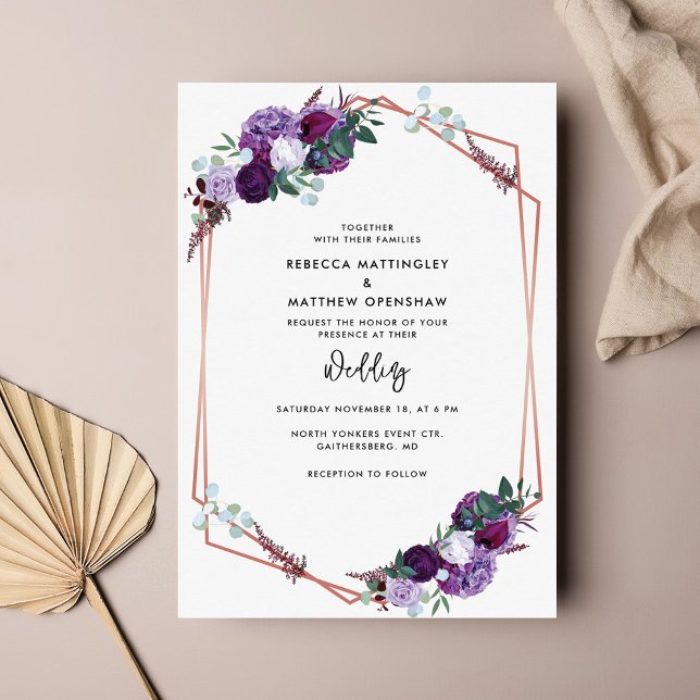Invitación Boda de guión botánico morado floral (Purple Floral Watercolor Script Wedding Invitation Card)
