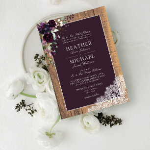 Invitación Boda de guión clásico de plutina púrpura de madera