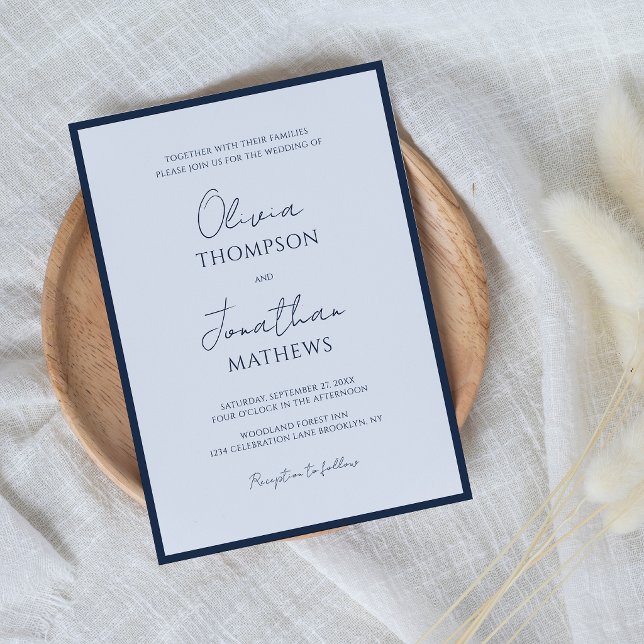Invitación Boda de guión con borde azul marino simple (Subido por el creador)