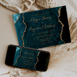 Invitación Boda de guión de azote de oro azul verde azulado<br><div class="desc">El borde izquierdo de esta elegante y moderna invitación a la boda incluye un verde azulado borde de ágata azul azul con falso purpurina de oro. El texto del personalizable combina escritura moderna de color dorado, copperplate y tipografías cursivas. El reverso presenta un diseño de agate verde azulado y dorado...</div>