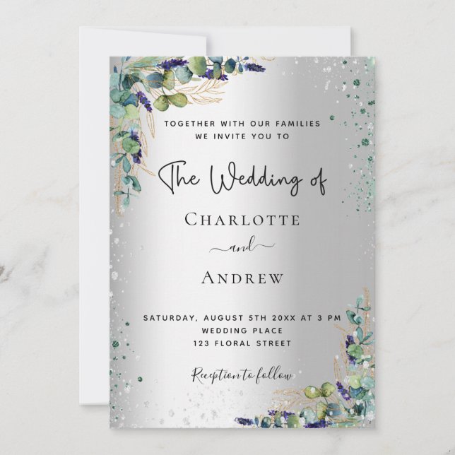 Invitación Boda de guión de berenjenas de eucalipto plateado (Anverso)