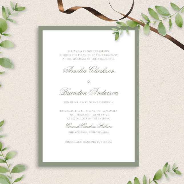 Invitación Boda de guión de borde verde clásico formal (Subido por el creador)