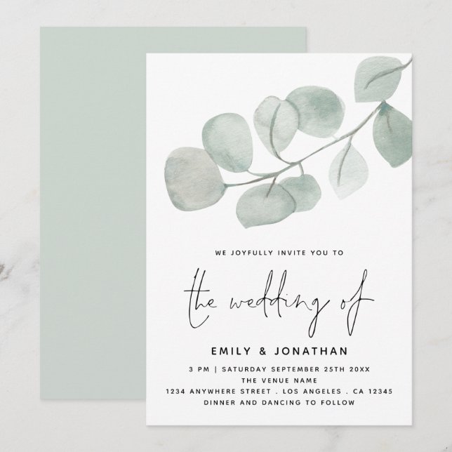 Invitación Boda de guión de color acuático Artsy Eucalyptus (Anverso / Reverso)
