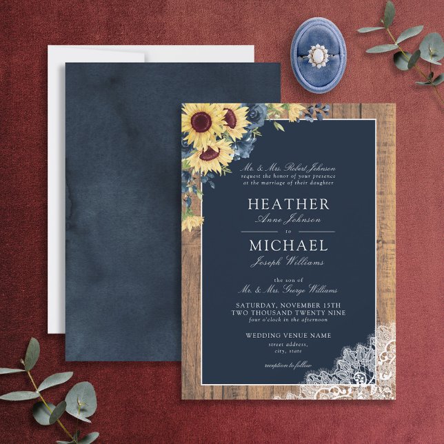 Invitación Boda de guión de encaje azul de girasol de la mari (Subido por el creador)