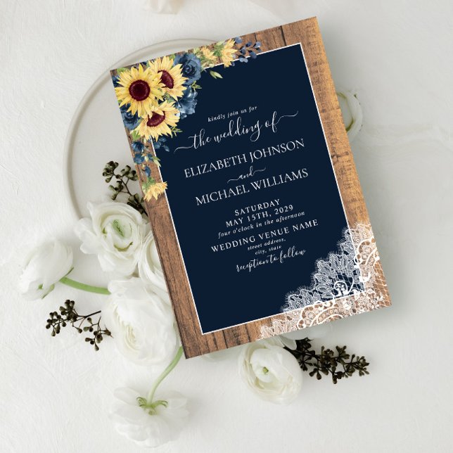 Invitación Boda de guión de encaje de girasol azul de la Mari (Subido por el creador)