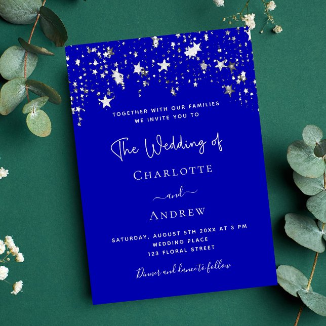 Invitación Boda de guión de estrellas azules reales de plata (Subido por el creador)