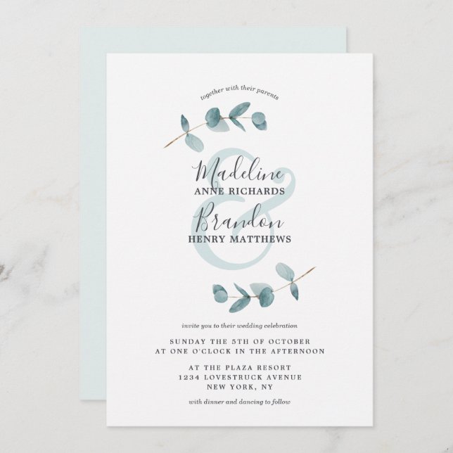 Invitación Boda de guión de eucalipto y moderado de Ampersand (Anverso / Reverso)