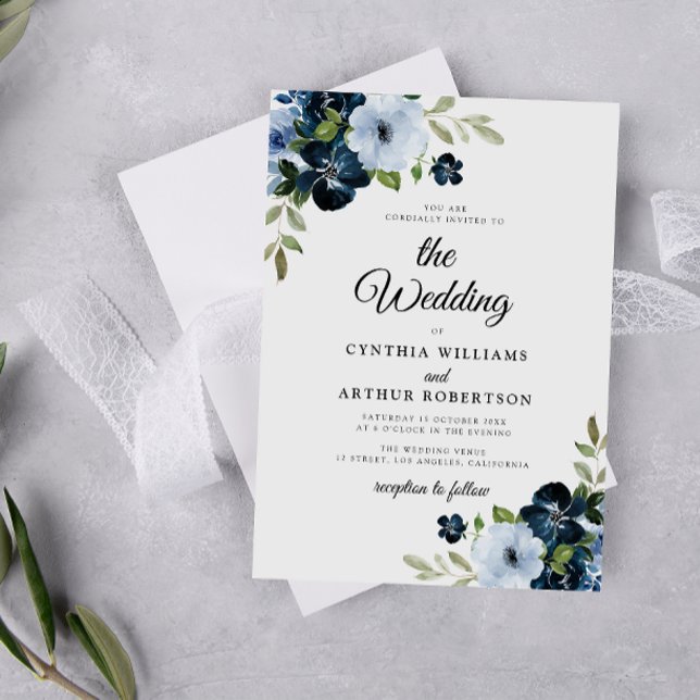 Invitación Boda de guión de flores azul claro de la marina (Subido por el creador)
