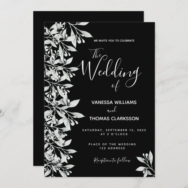 Invitación Boda de guión de follaje botánico negro (Anverso / Reverso)