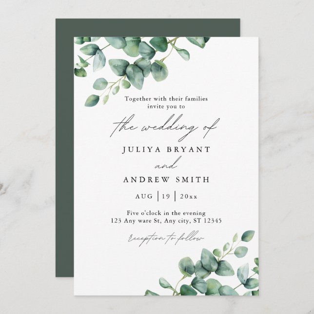 Invitación Boda de guión de Greenery Eucalyptus (Anverso / Reverso)