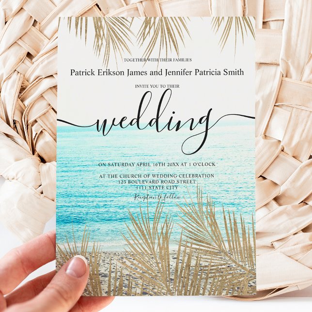 Invitación Boda de guión de la playa de palmeras doradas mode (Subido por el creador)