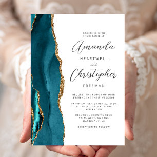 Invitación Boda de guión de oro azul turquesa de ágata