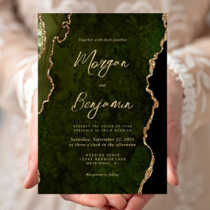 Invitación Boda de guión de oro de ágata verde oliva moderna
