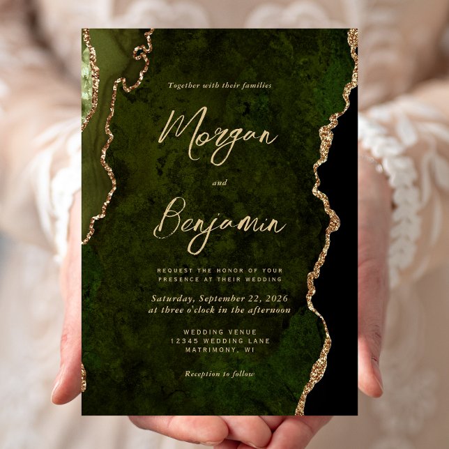 Invitación Boda de guión de oro de ágata verde oliva moderna (Subido por el creador)