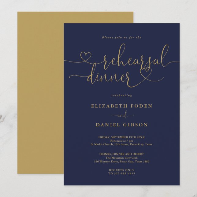 Invitación Boda De Guión De Oro Y Marina Ensayo Cena (Anverso / Reverso)