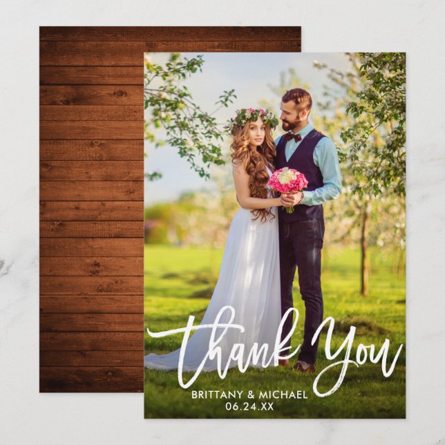 Invitación Boda de guión de pincel Foto de madera Gracias Tar (Anverso / Reverso)