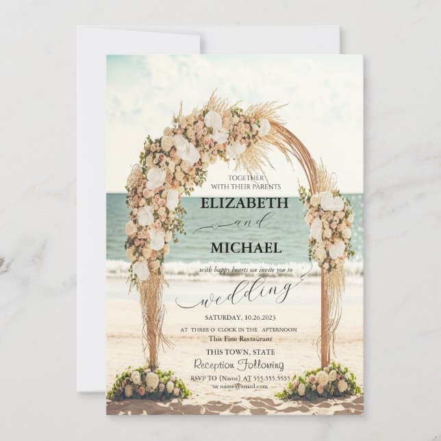 Invitación Boda de guión de Rosas de Beach Wedding Arbor (Anverso)