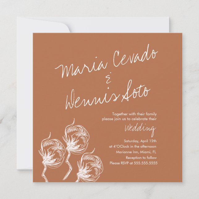Invitación Boda de guión dibujado a mano de planta de algodón (Anverso)