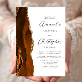 Invitación Boda de guión dorado de ágata naranja quemada