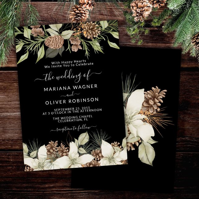 Invitación Boda de guión elegante blanco y negro de invierno (Subido por el creador)